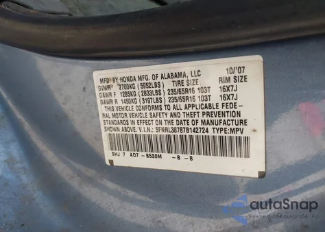 2007 Honda Odyssey Ex-L from USA, damaged, VIN 5FNRL38787B142724